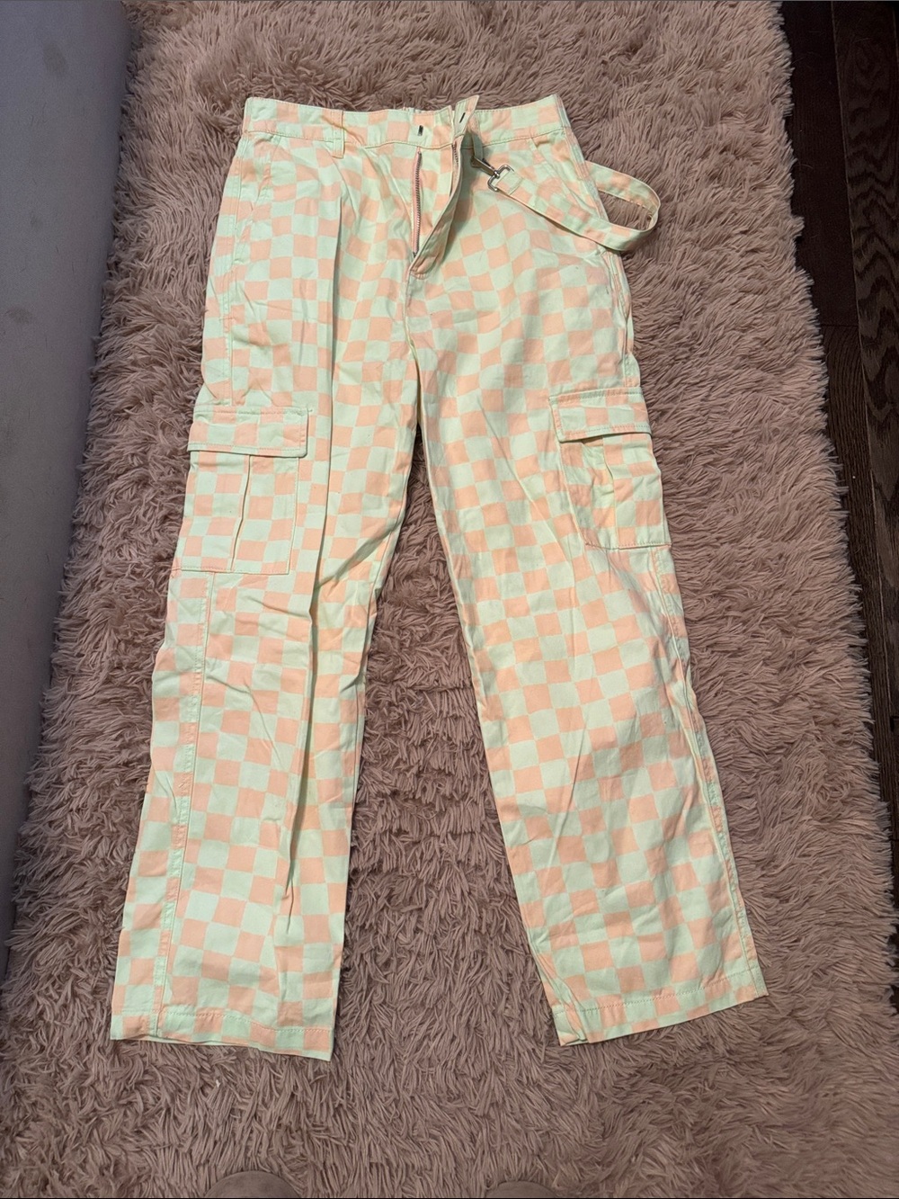 Checkerboard Cargo Pants in Mint & Peach